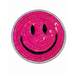Hot Pink Sequin Smiley Face Patch Silver Glitter Trim Sew On